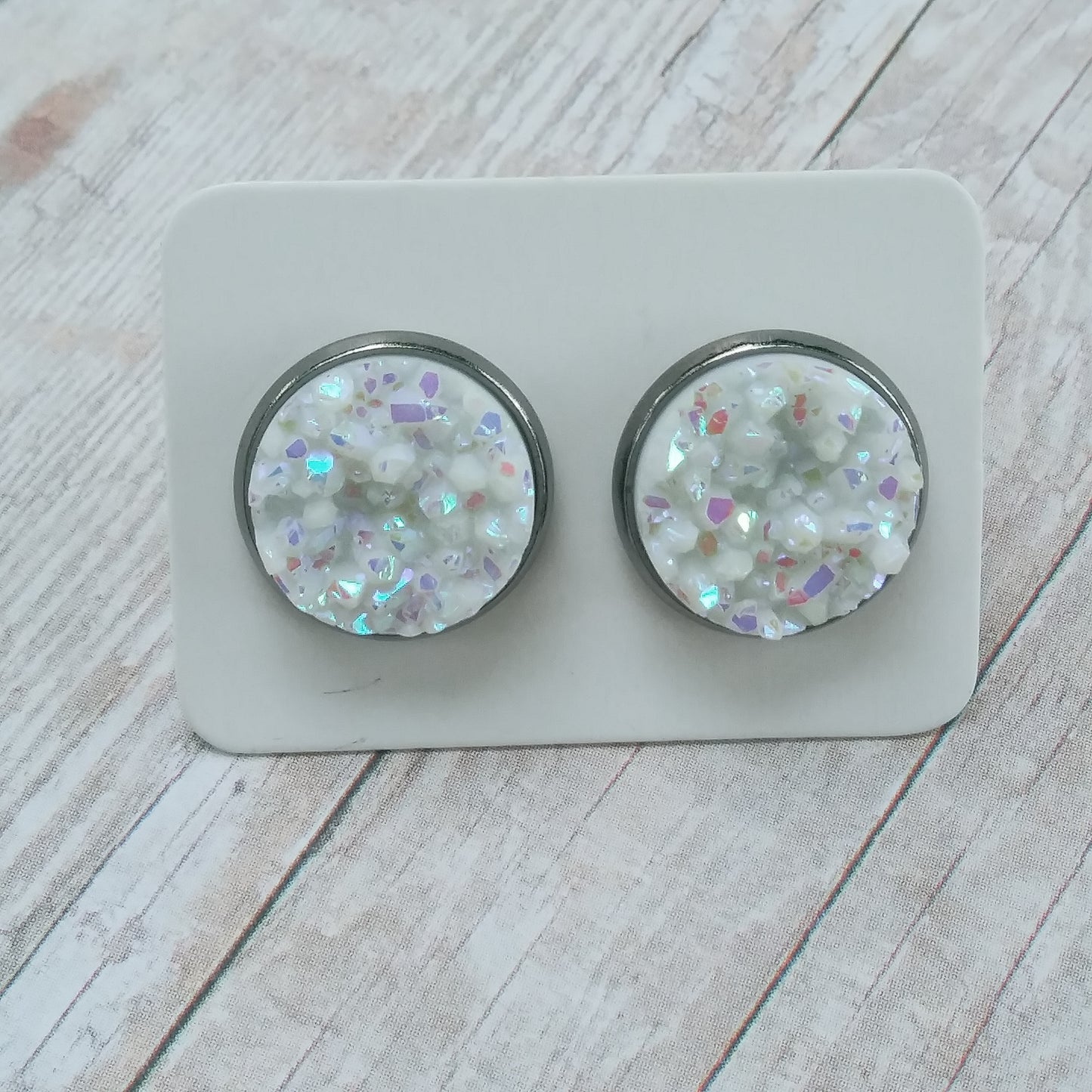 White Druzy Stud Earrings 12MM