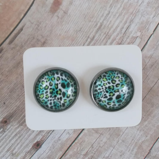 Blue and Black Leopard Glass Cabochon Stud Earrings 12MM