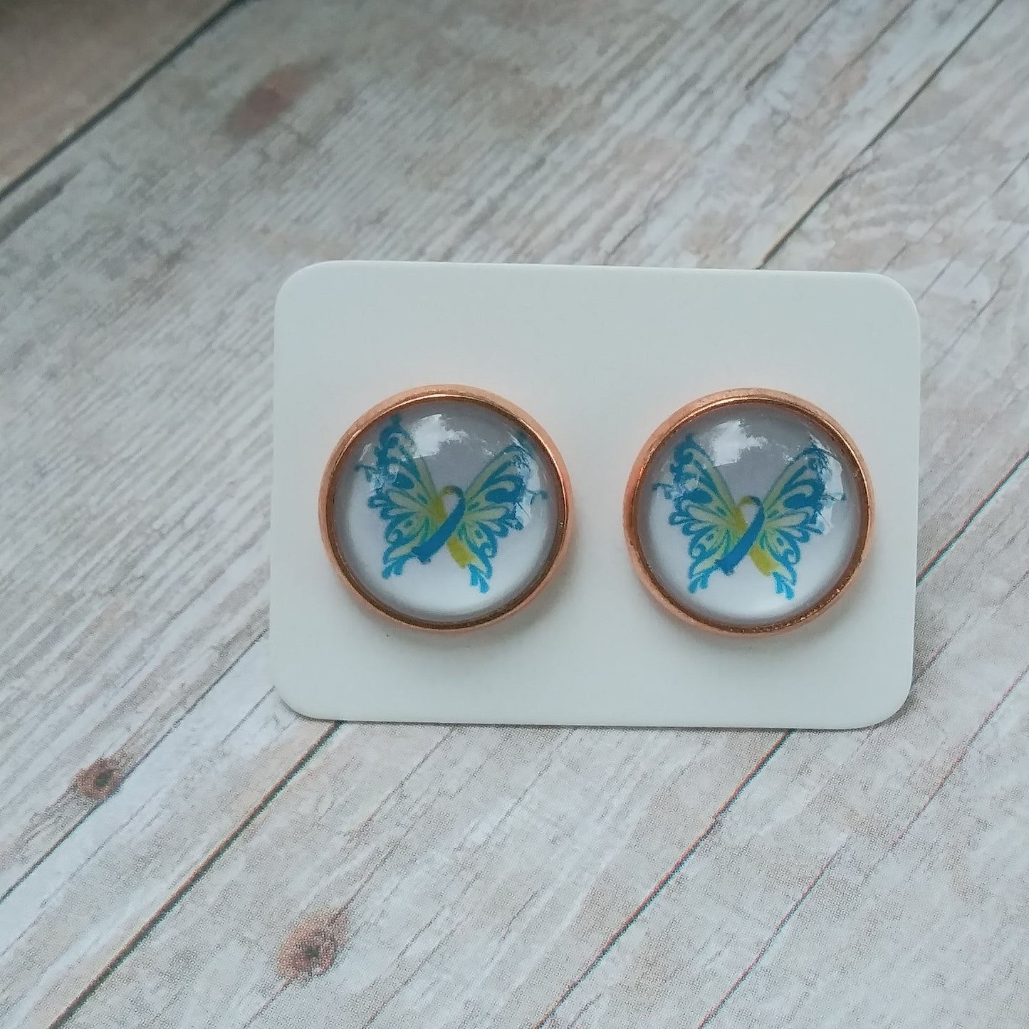 Blue and Yellow Butterfly Glass Cabochon Stud Earrings 12MM