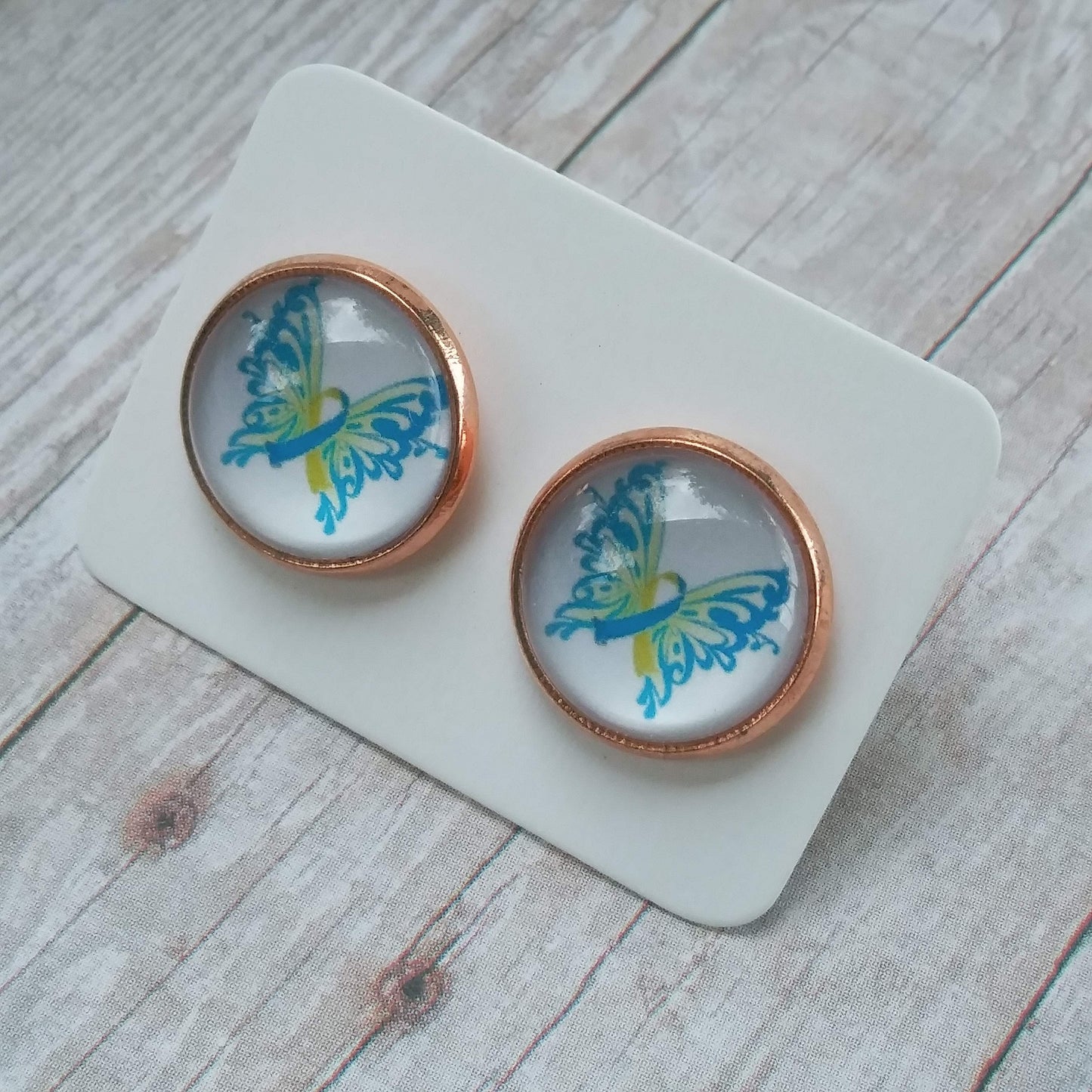 Blue and Yellow Butterfly Glass Cabochon Stud Earrings 12MM