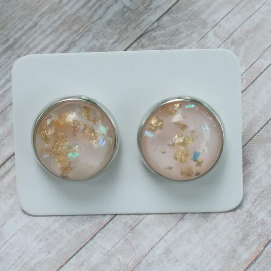 Pink with Gold flakes Cabochon Stud Earrings 12MM