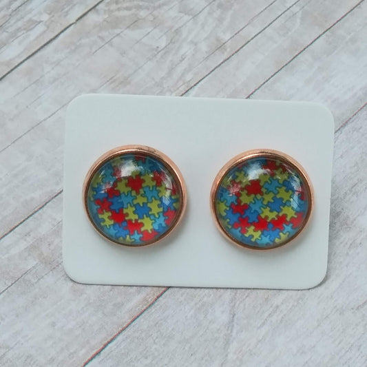 Puzzle Glass Cabochon Stud Earrings 12MM