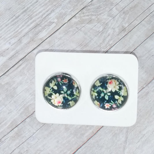 Floral on Black Glass Cabochon Stud Earrings 12MM