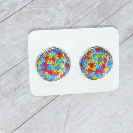 Puzzle Glass Cabochon Stud Earrings 12MM