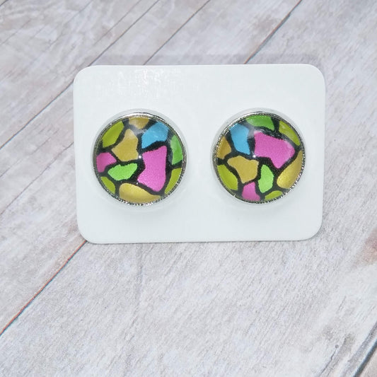 Colorful Print Glass Cabochon Stud Earrings 12MM