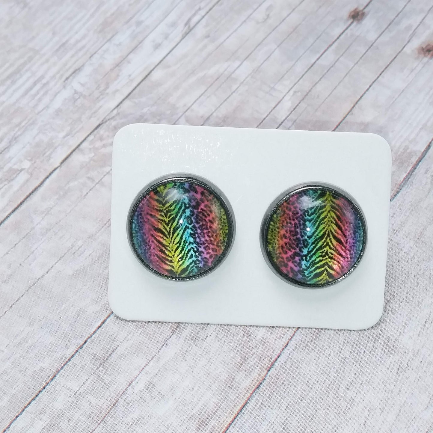 Colorful Animal Print Glass Cabochon Stud Earrings 12MM