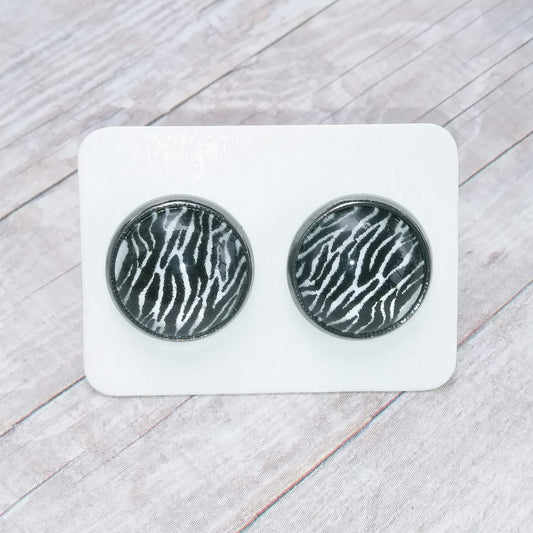 Zebra Print Glass Cabochon Stud Earrings 12MM