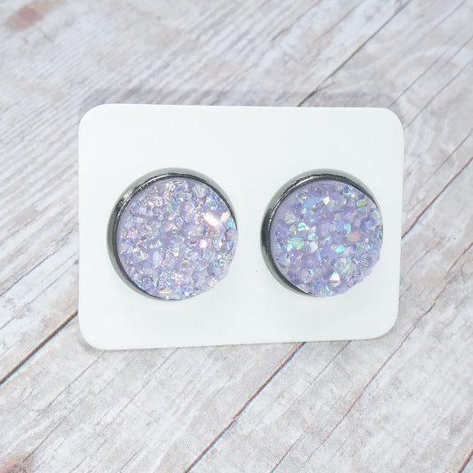 Clear Purple Druzy Stud Earrings 12MM