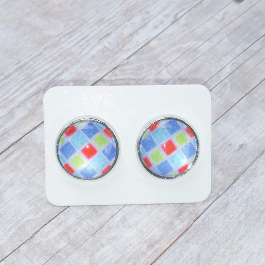 Colorful Squares Glass Cabochon Stud Earrings 12MM