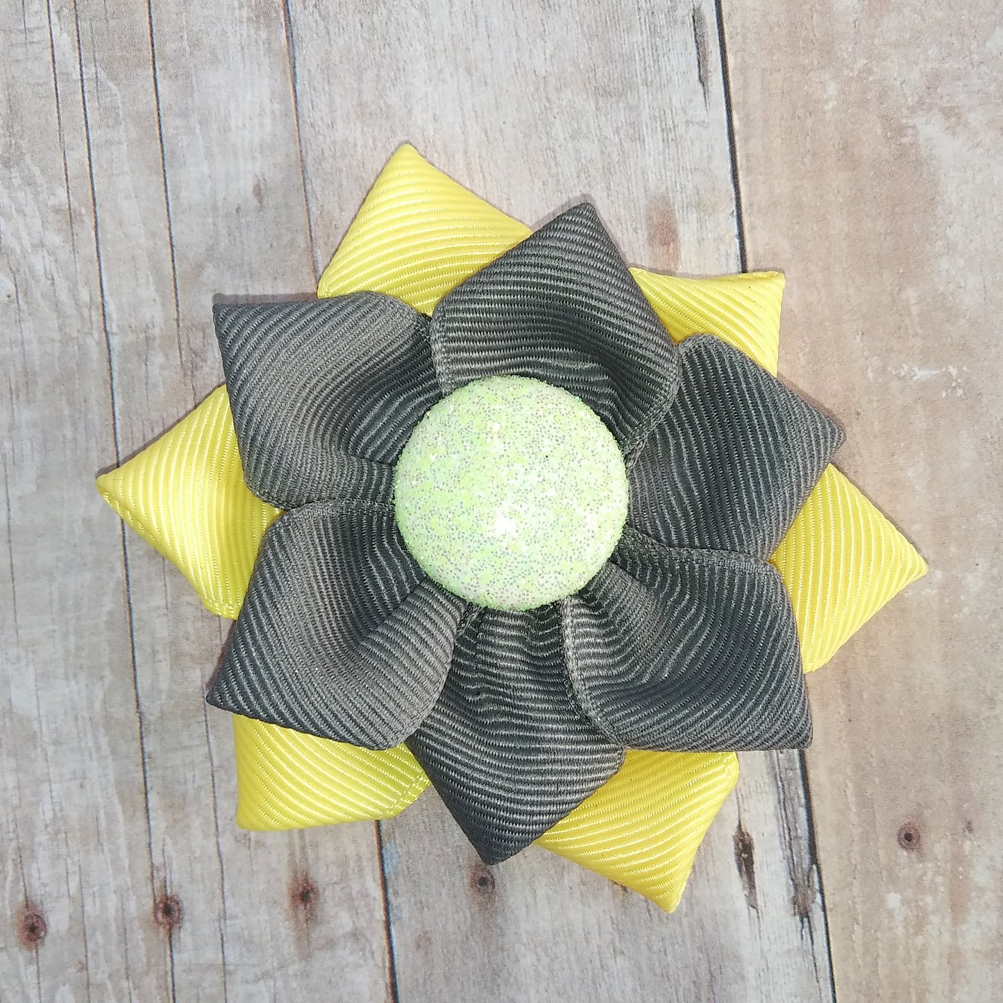 Grey and Yellow Ribbon Flower 3"