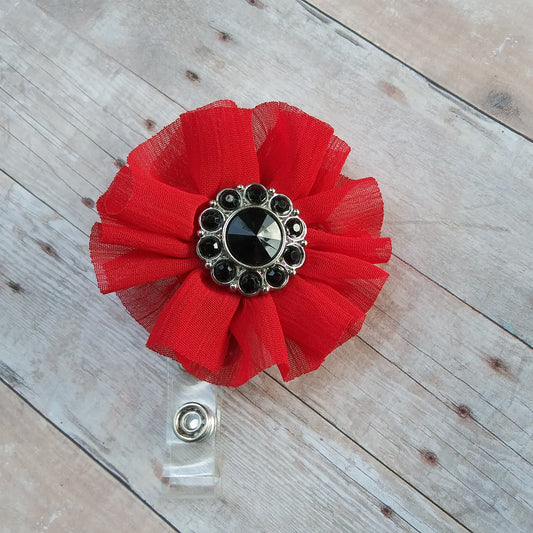 Red flower with Black Rhinestone Center Flower Badge Reel