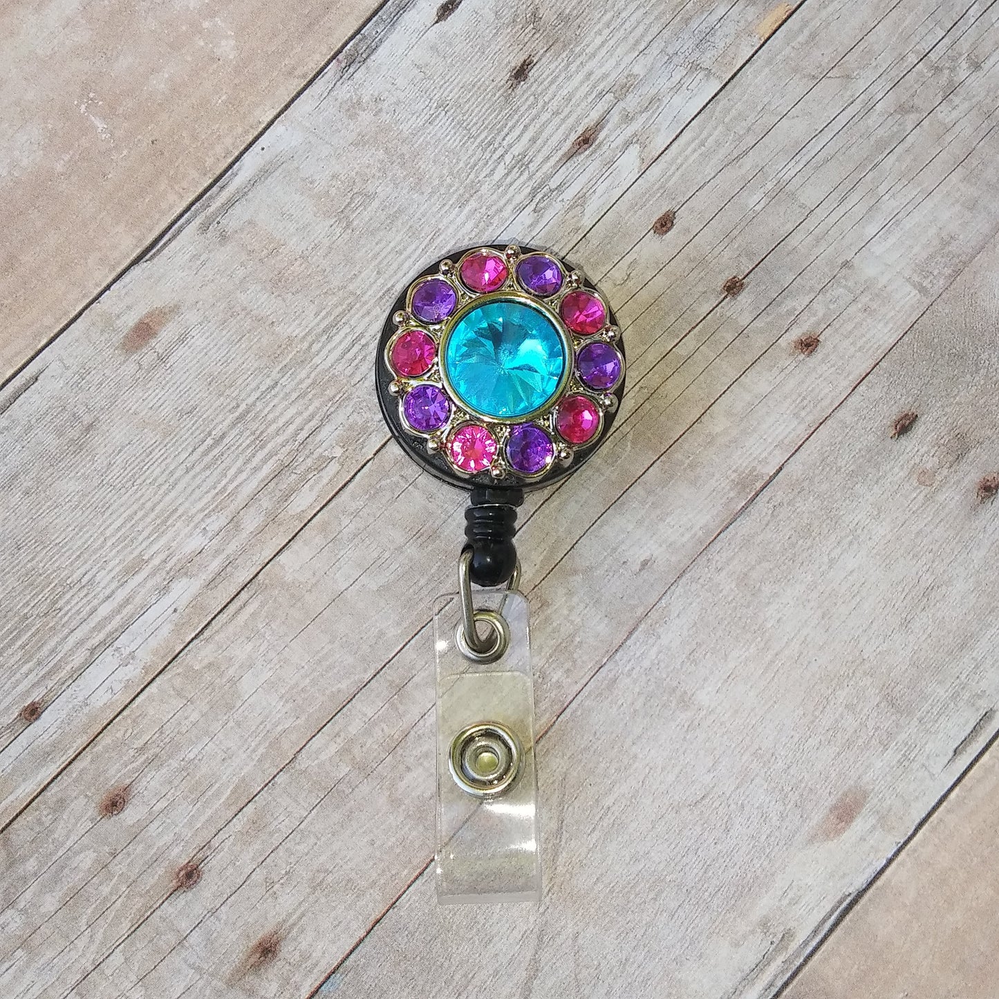 Pink, Purple, and Blue Rhinestone Badge Reel