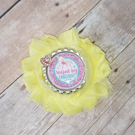 Yellow "Raised by Unicorns" Shabby Flower Clip